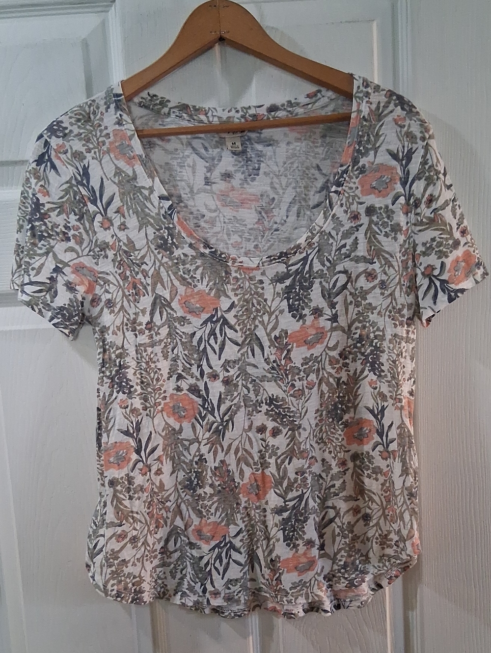 Lucky Brand White Scoop Neck Tee with Coral and Olive Floral Print